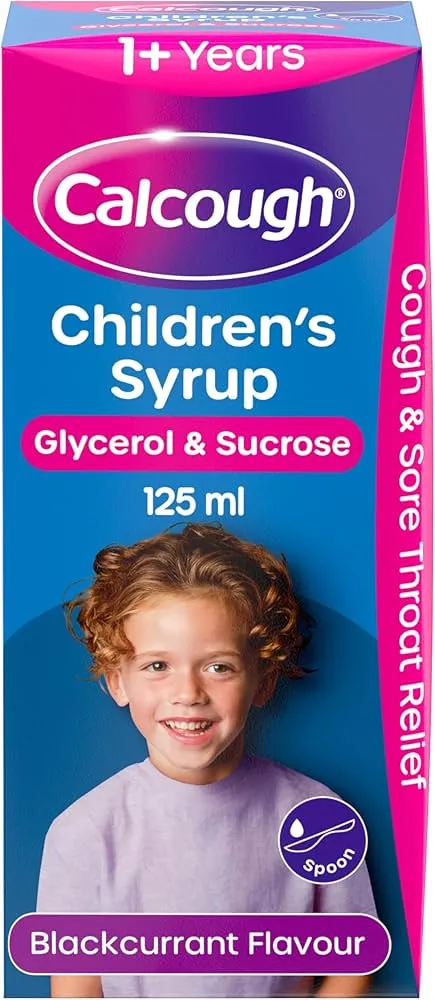 Calcough Childrens Syrup Glycerol & Sucrose Cough&Sore Throat Relief Blackcurrant Currant Flav 1 Yr +